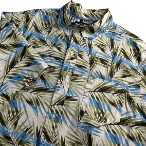 Chaps 100% Cotton Tropical Blue and Green Leaf Print Shirt Men's Lg Short Sleeve